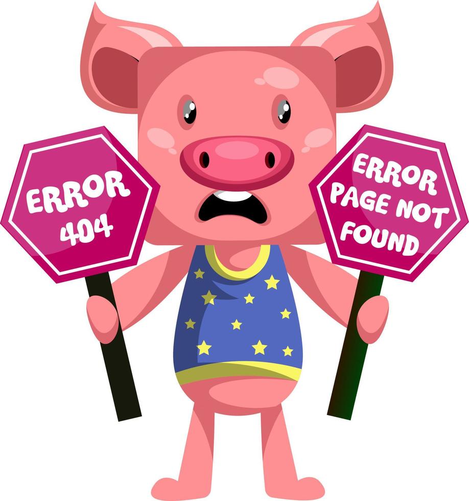 Pig with 404 error, illustration, vector on white background.