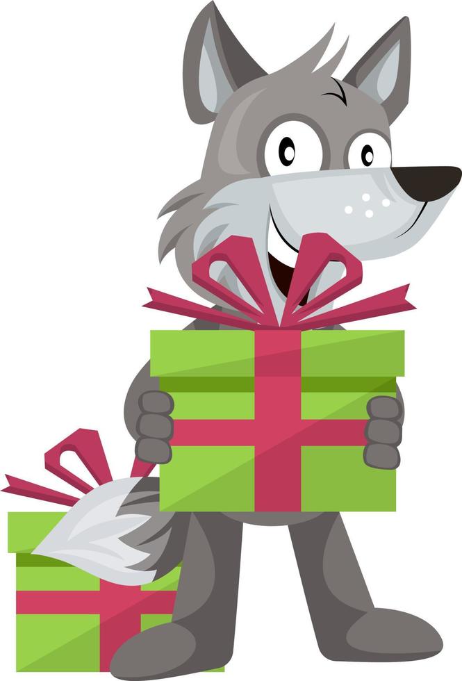 Lobo con regalo de cumpleaños, ilustración, vector sobre fondo blanco.
