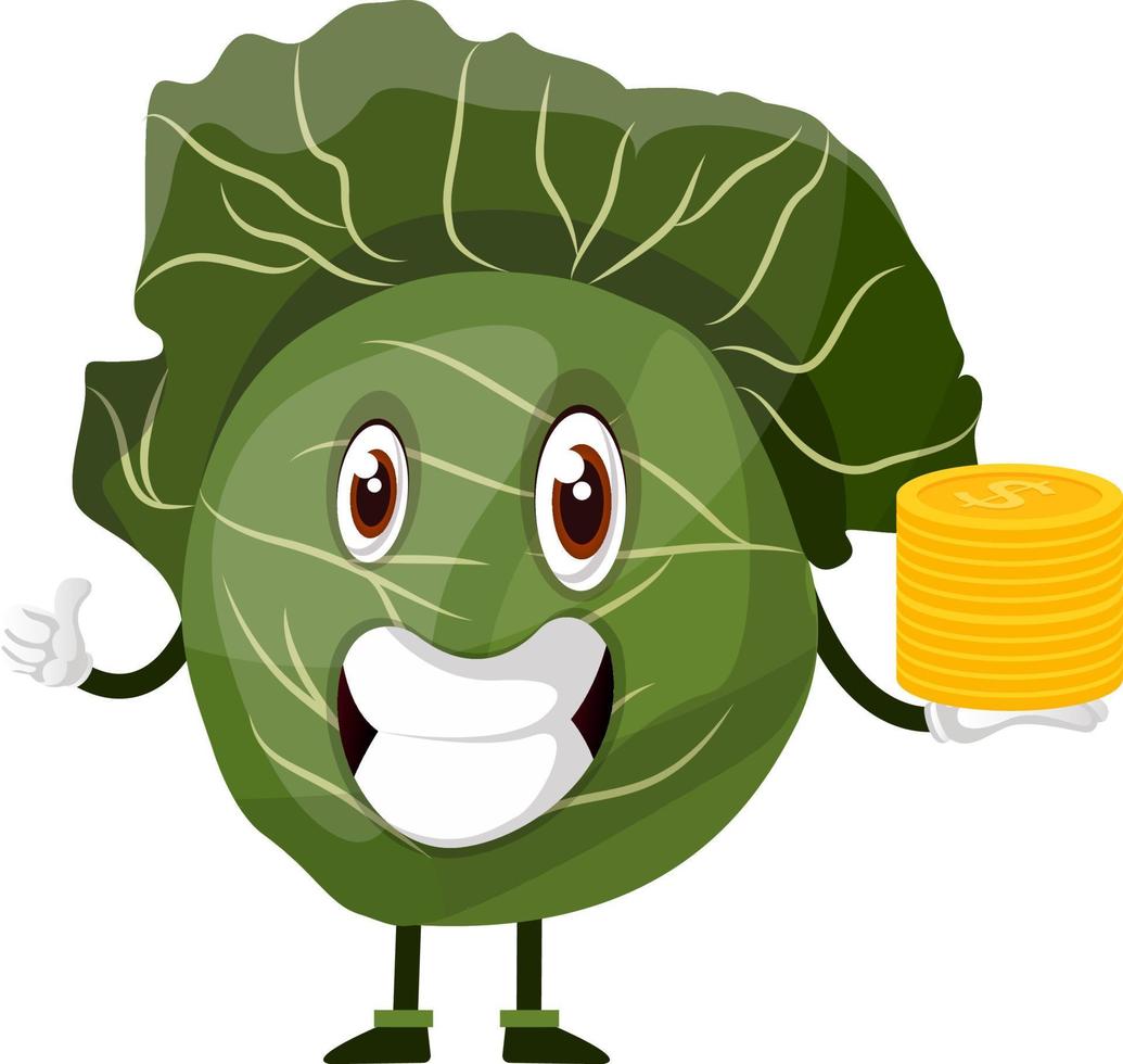 Cabbage is holding a pile of nickels, illustration, vector on white background.