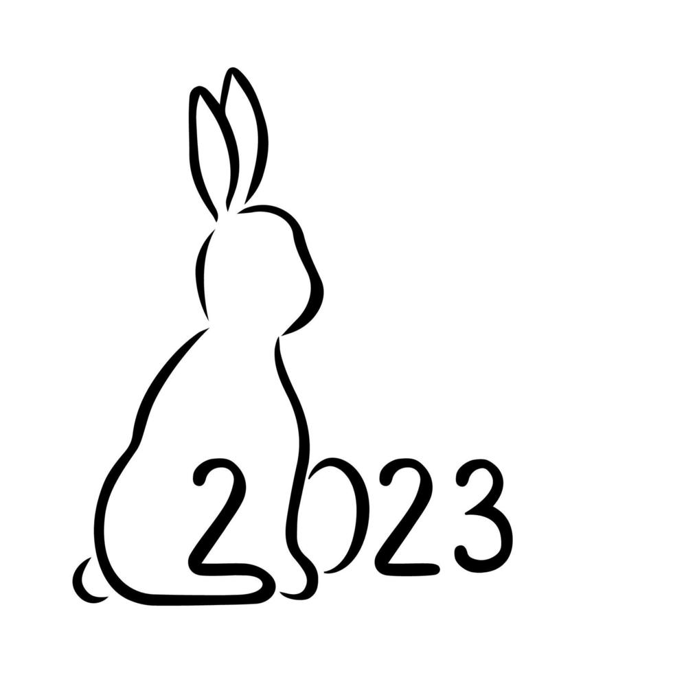 2023 new year graffiti poster line art. Black outline rabbit silhouette isolated on white background. Street art, graffiti, template, banner, card. Hand drawn doodle modern vector illustration.