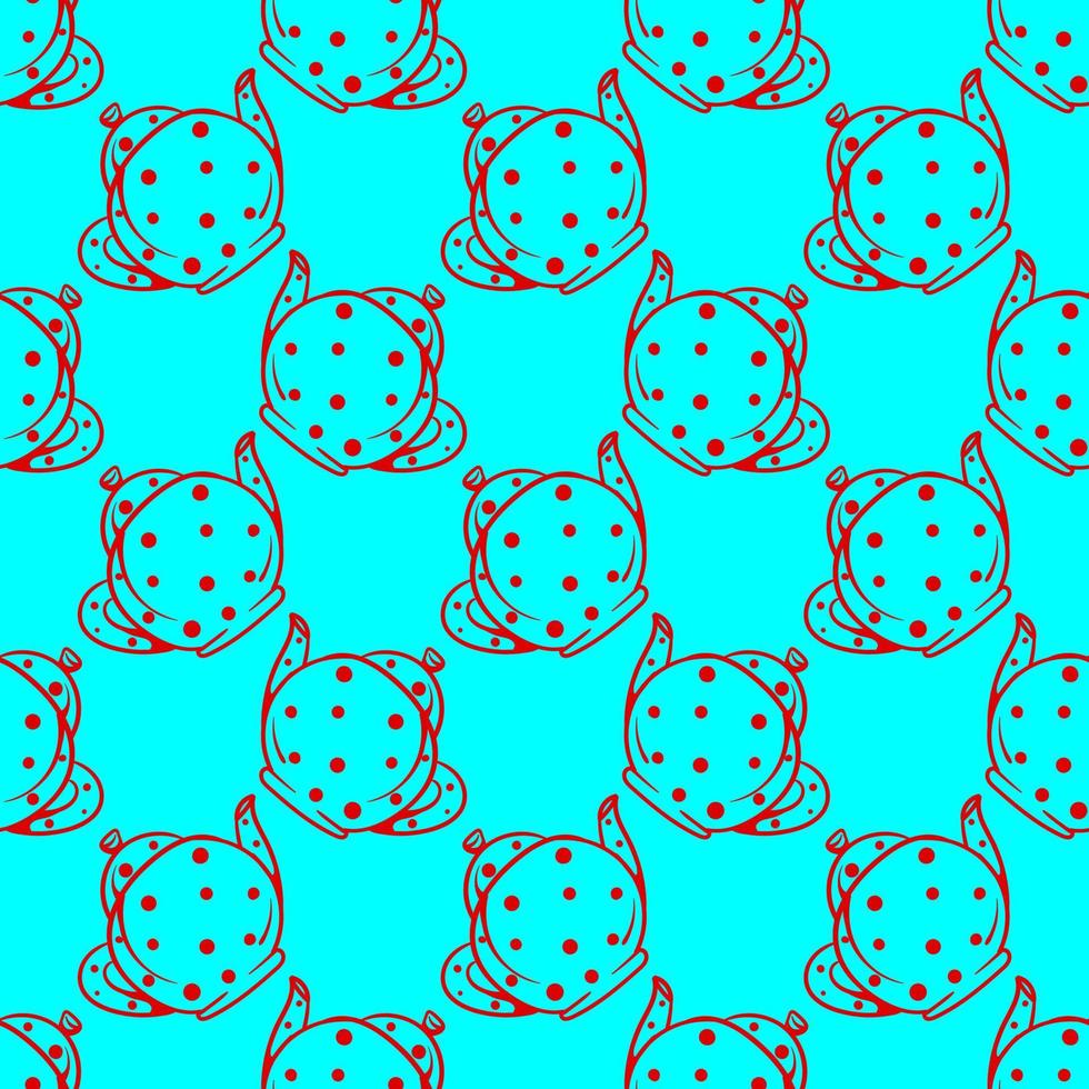 Teapot with dots, seamless pattern on blue background. vector