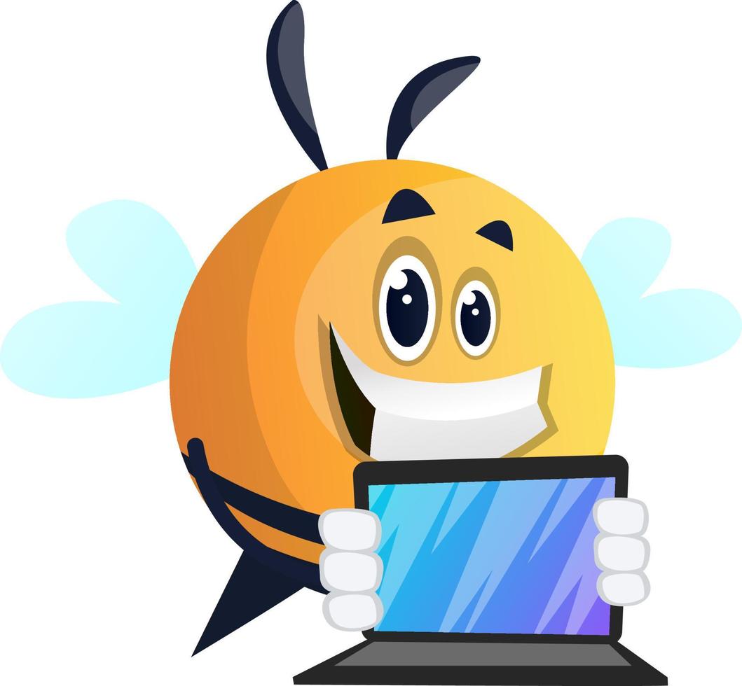 Bee holding a laptop, bee playing on laptop, illustration, vector on white background.