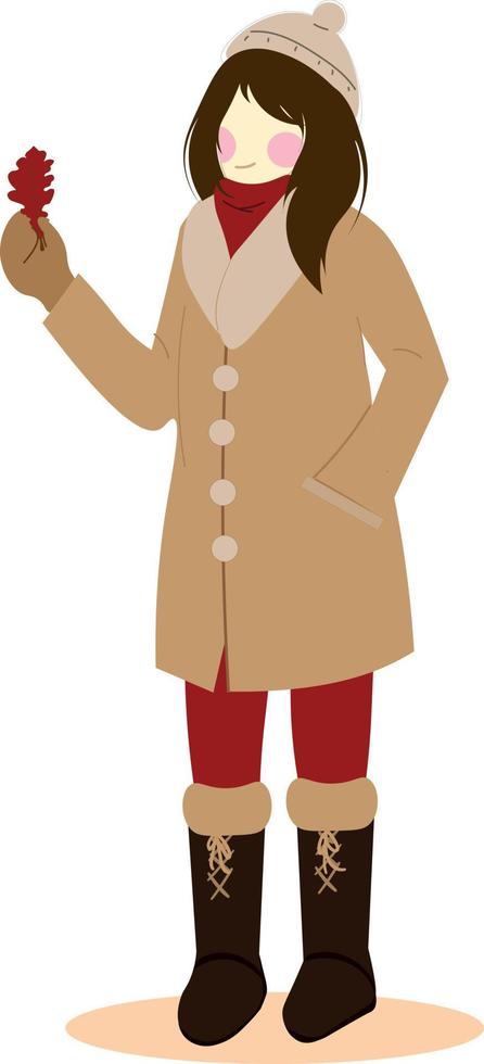 Trendy young woman in warm down jacket and hat vector flat illustration.