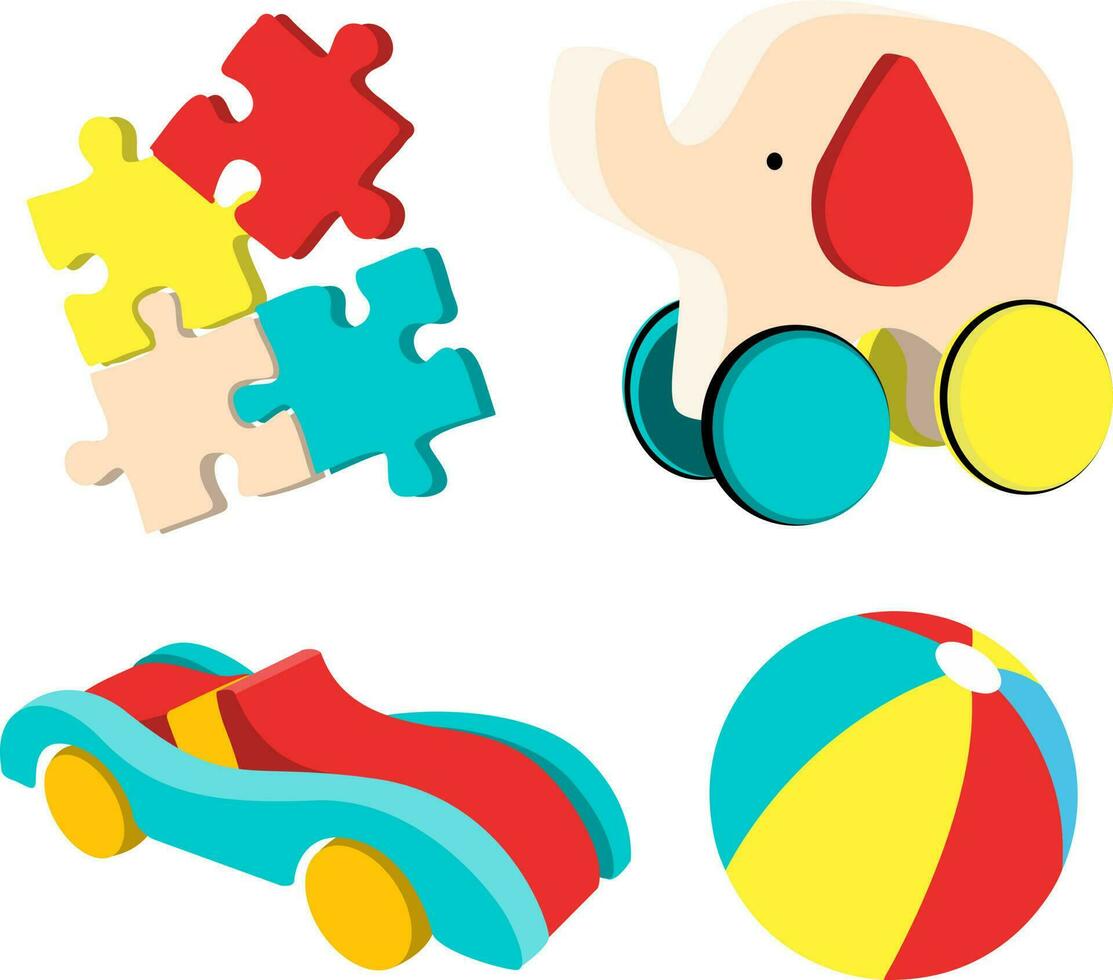 juego de rompecabezas de juguetes, elefante, coche, pelota con ilustración de vector aislado de color divertido