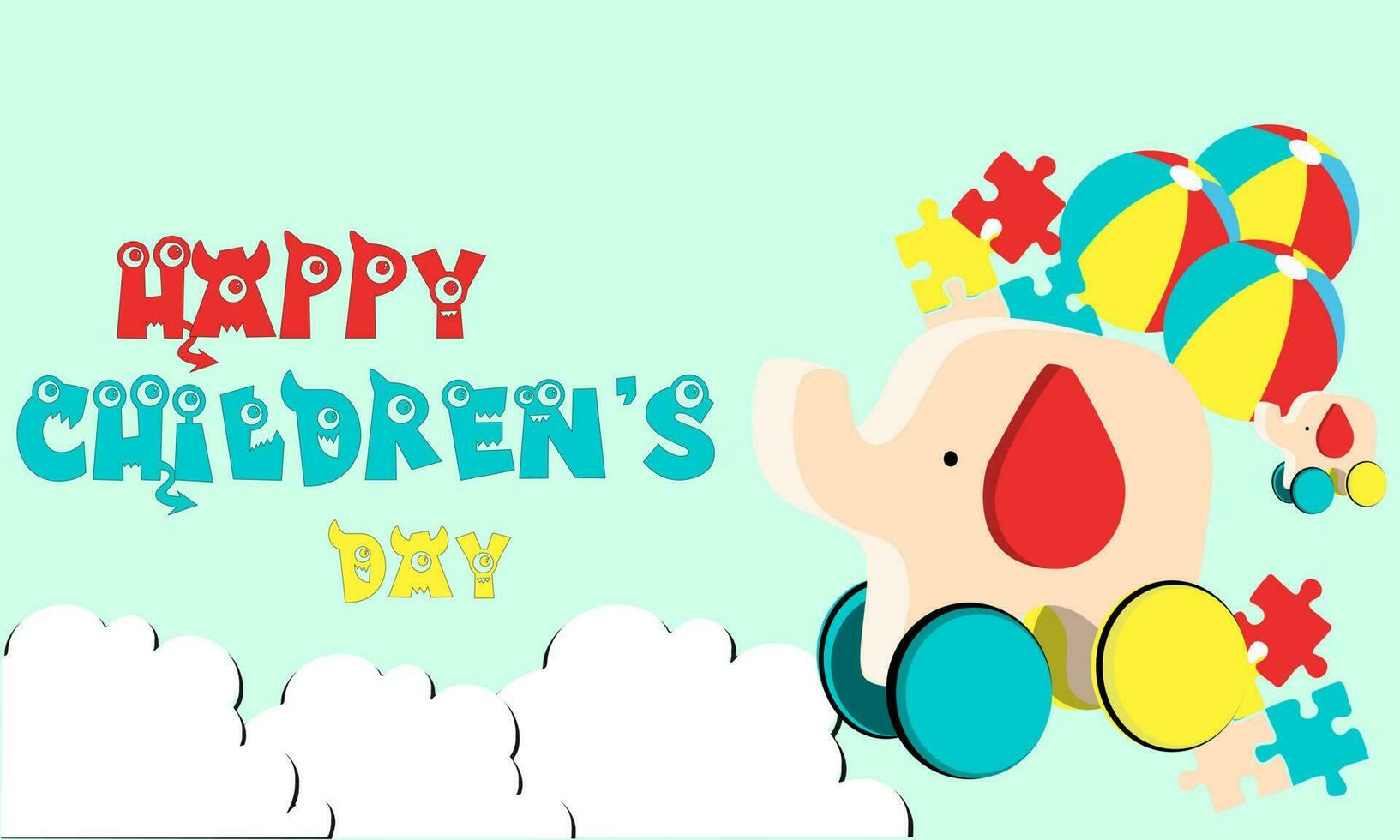 Happy Children's Day Vector Illustration with toys in left and clouds in bottom. For poster, banner, card, social media