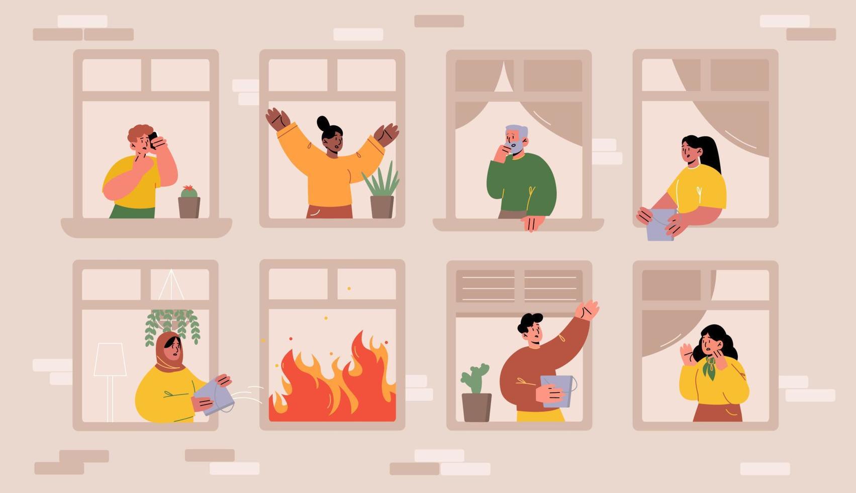 Fire in house with people neighbors in windows vector