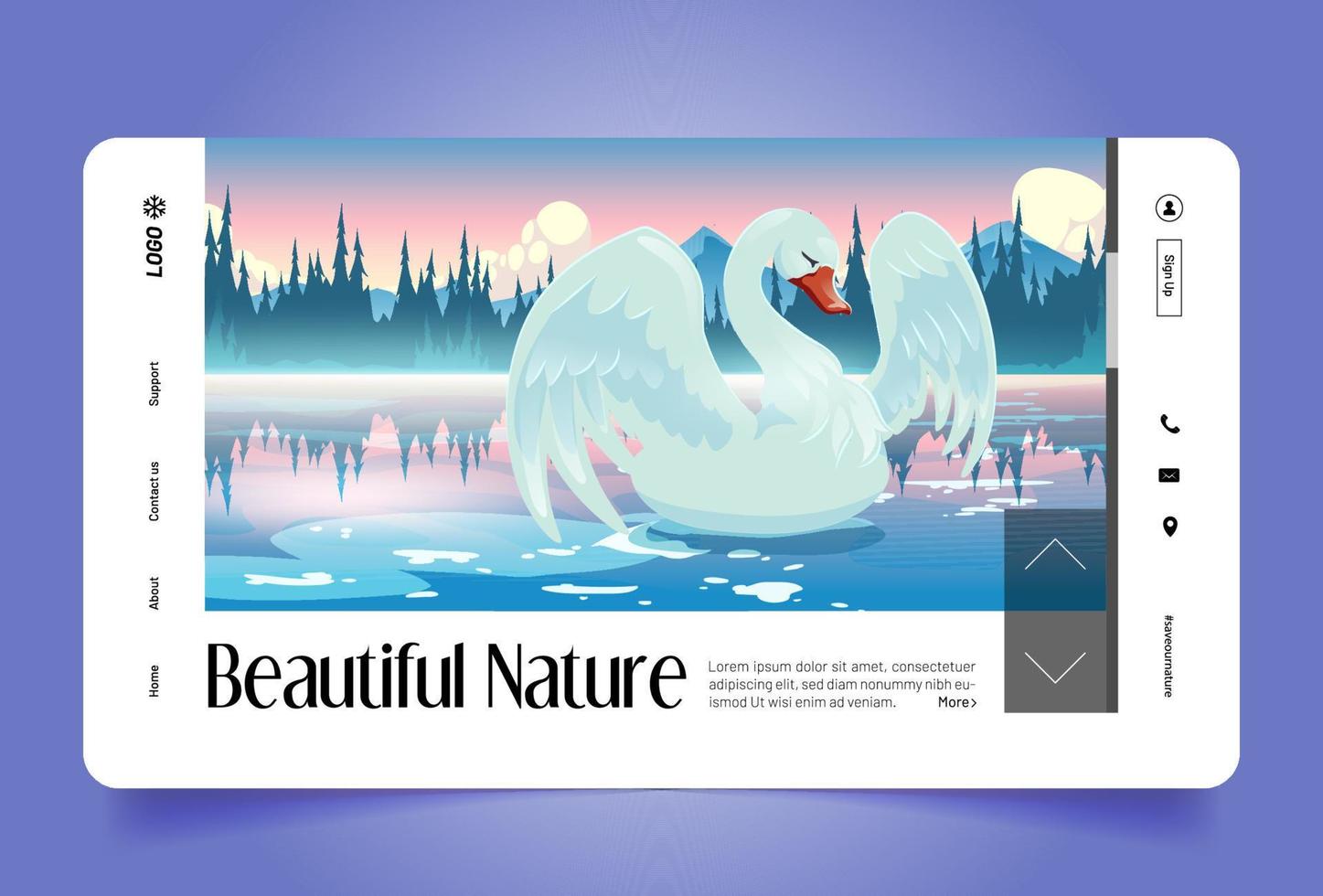 Swan on lake, beautiful nature cartoon landing vector