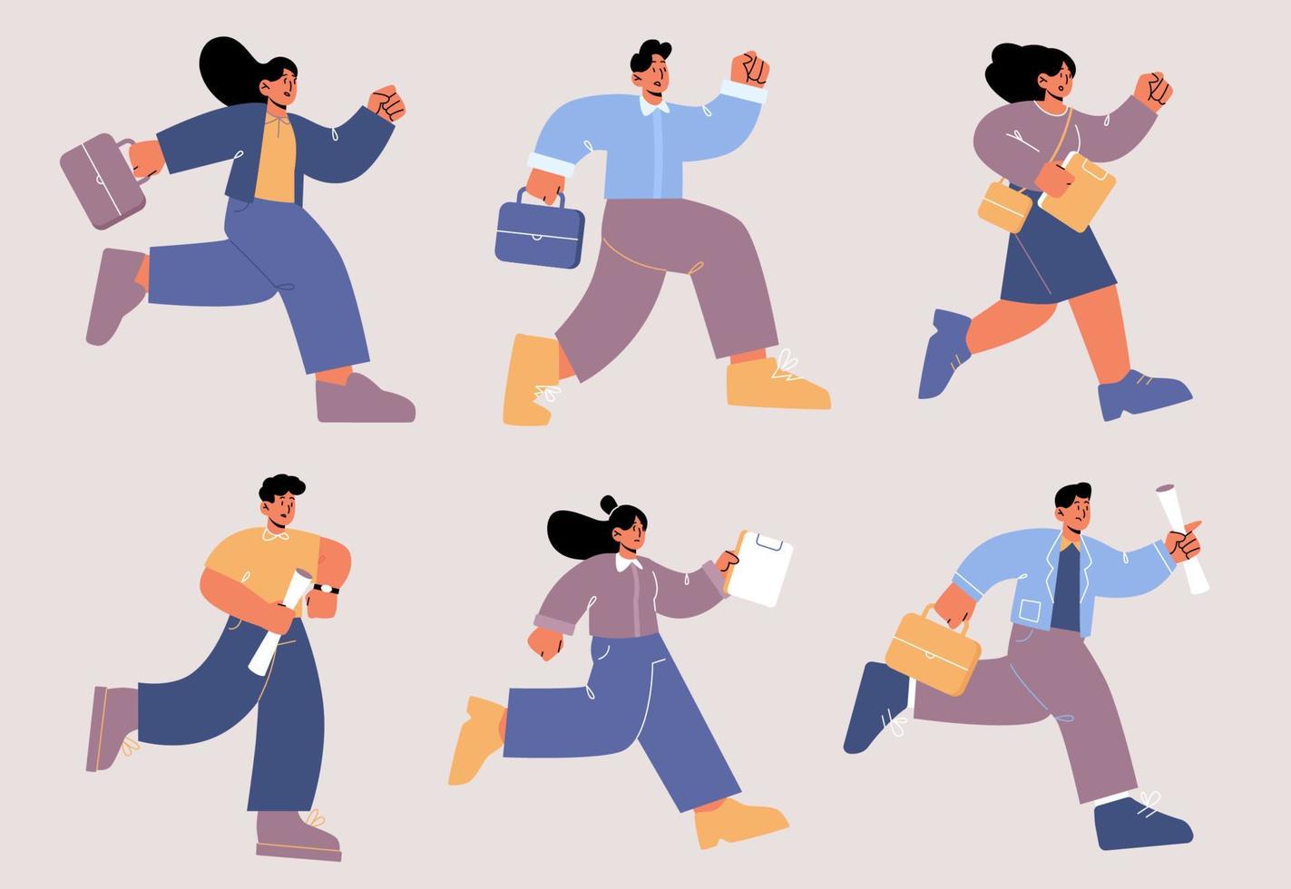 Business people run, late in office, oversleep vector