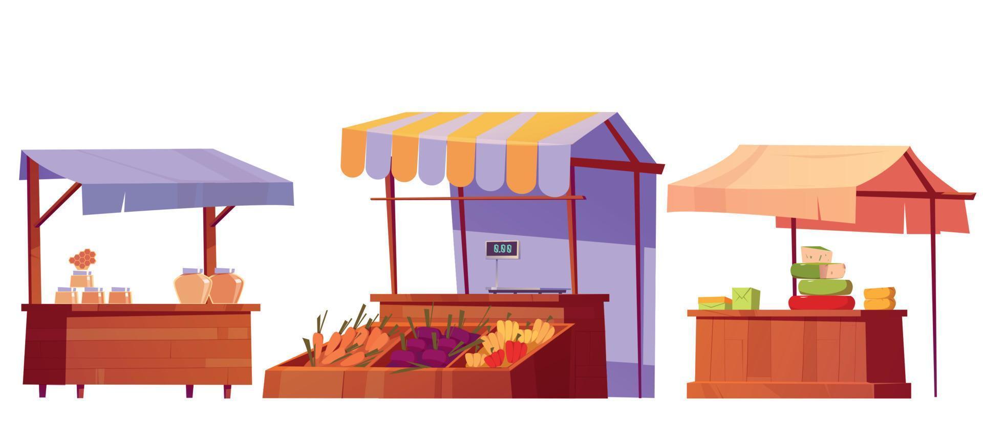Food market stalls with honey, vegetables, cheese vector