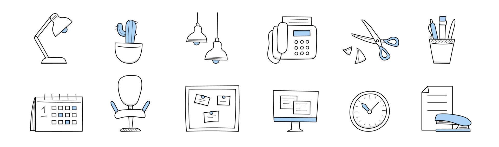 Office supplies or stuff doodle icons isolated set vector