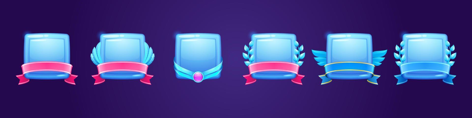 Set of blue glossy award badges, ice crystal icons vector