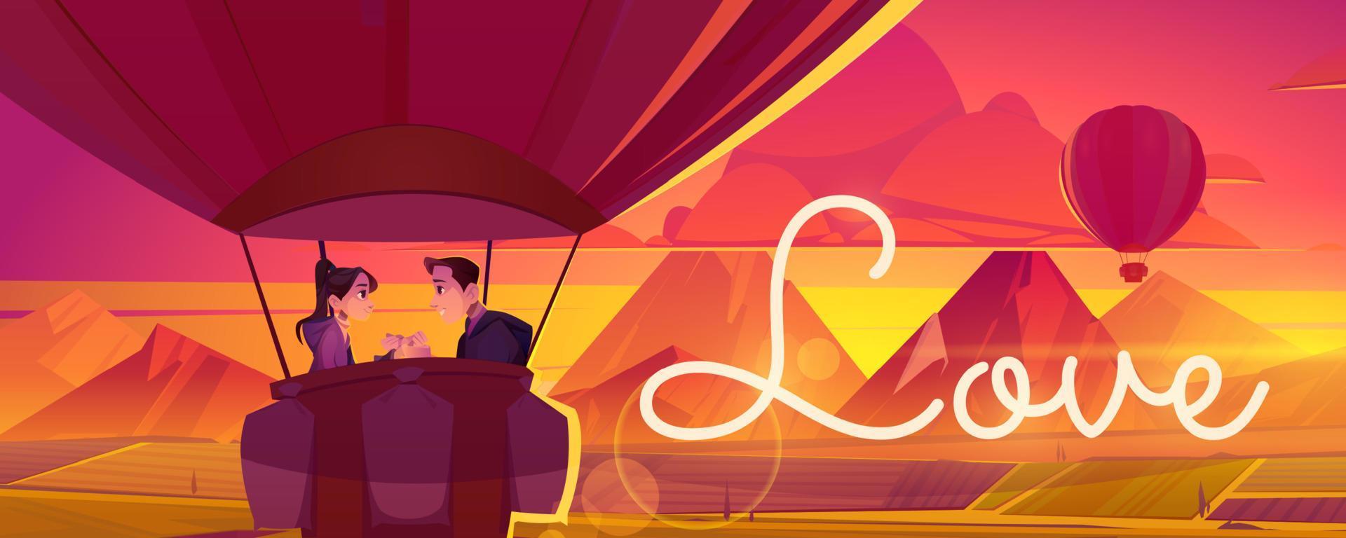 Love poster with happy couple in hot air balloon vector