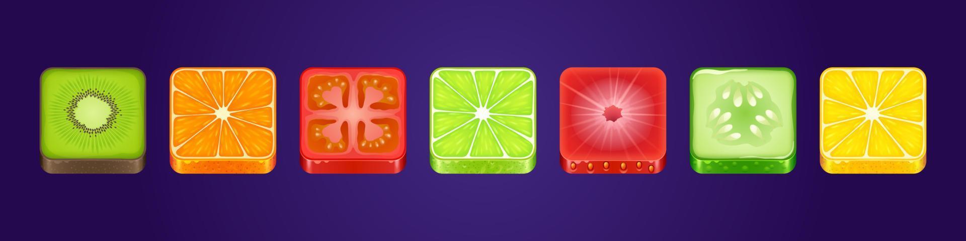 conjunto de botones con textura de comida cuadrada de iconos de aplicación de interfaz de usuario de juego vector