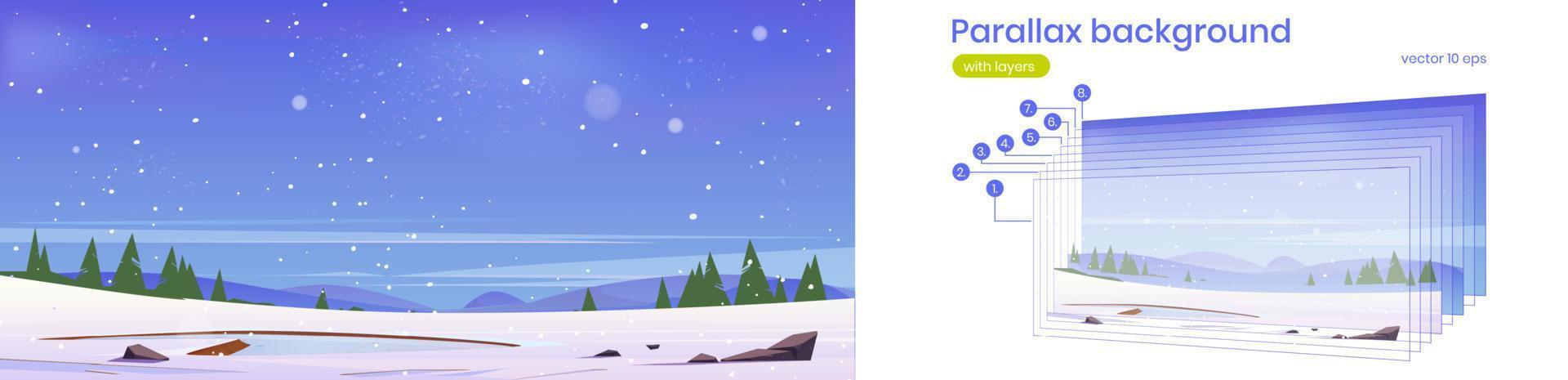 fondo de paralaje con paisaje nevado de invierno vector