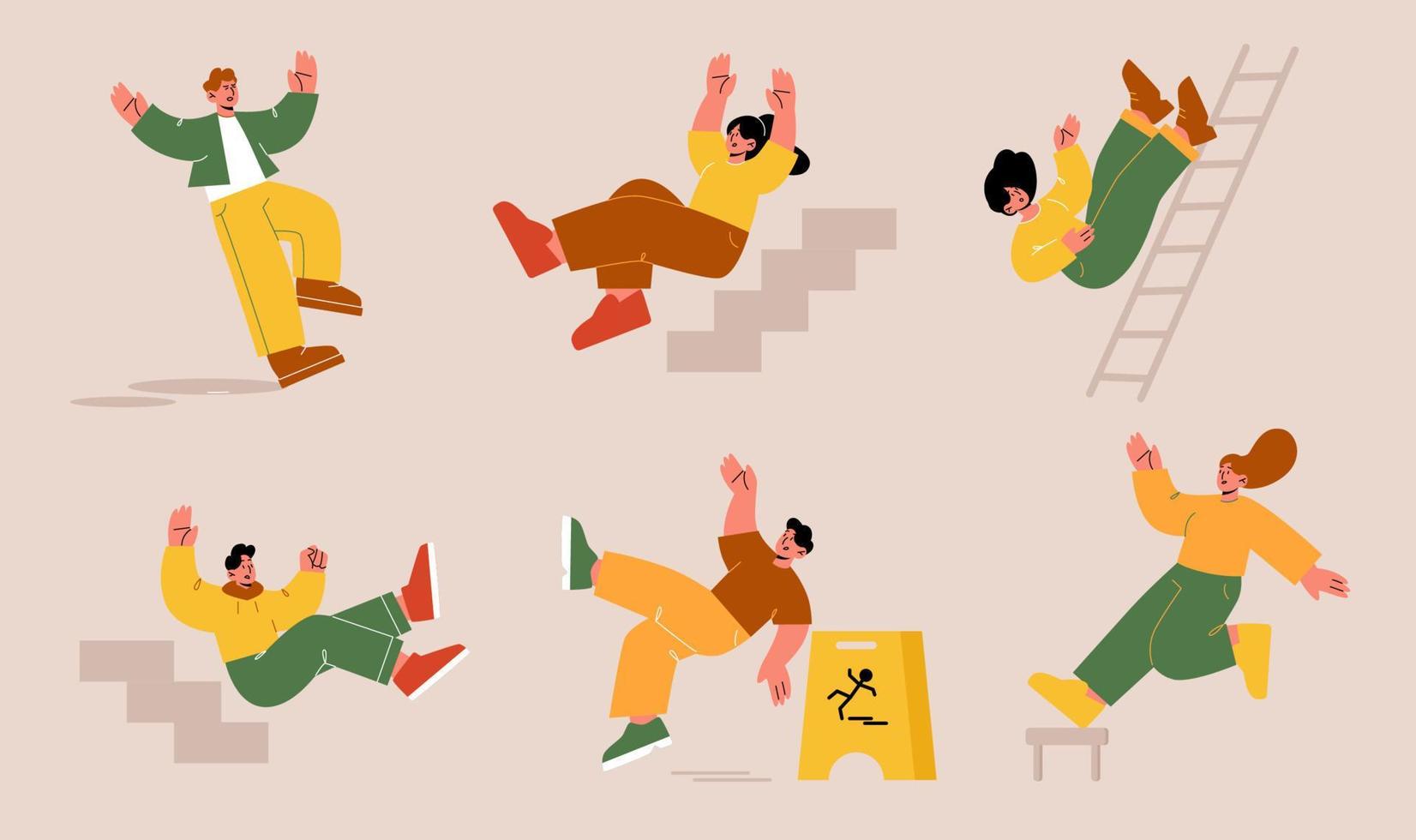 Clumsy people falling, male and female characters vector