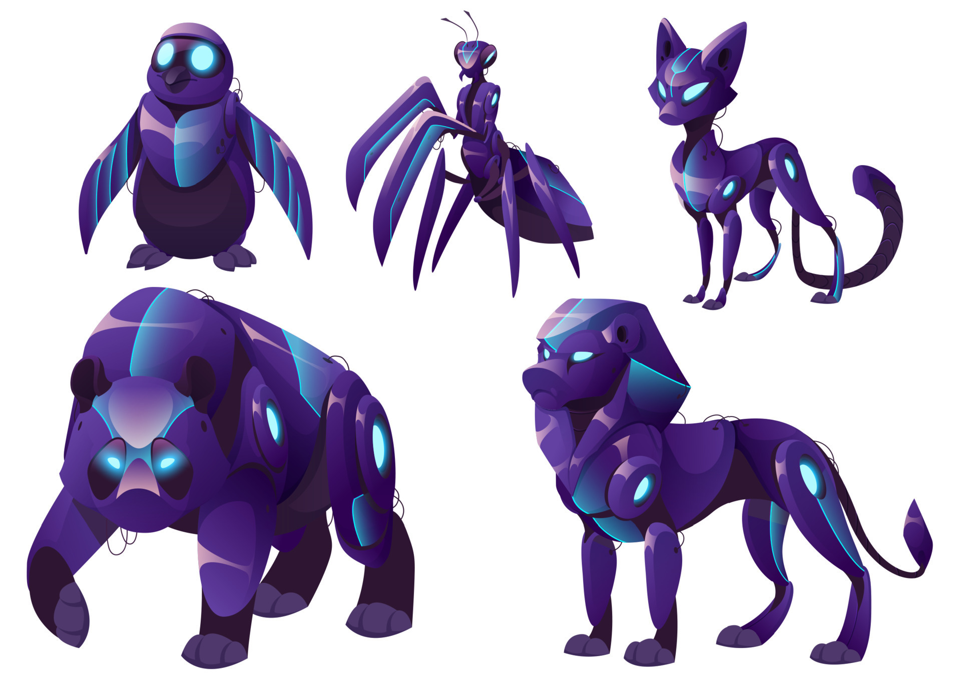 Mechanical animals, panda, lion, penguin robots 13867874 Vector Art at