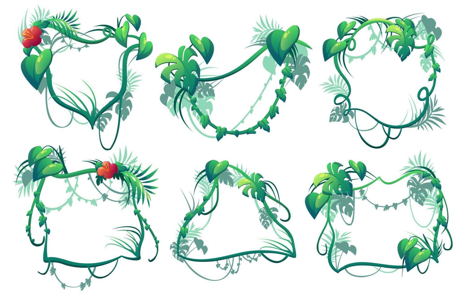 Liana frames, cartoon jungle vines, branch borders vector