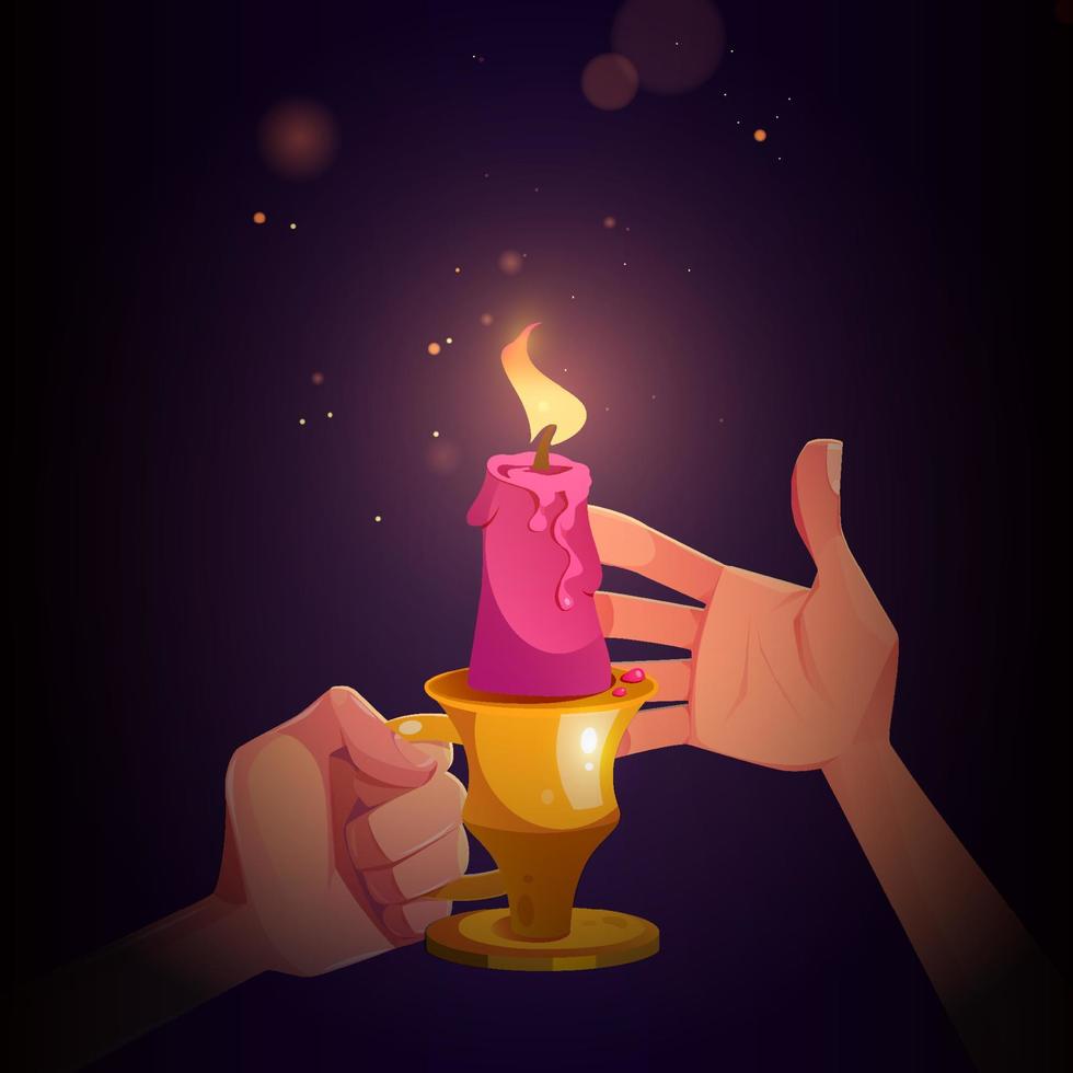 Hands with candle in metal candlestick with handle vector