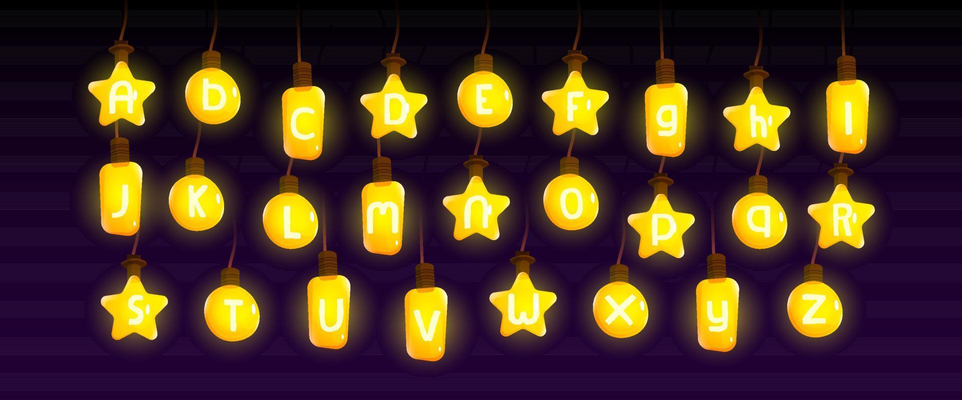 Light bulb font alphabet, cartoon characters set vector