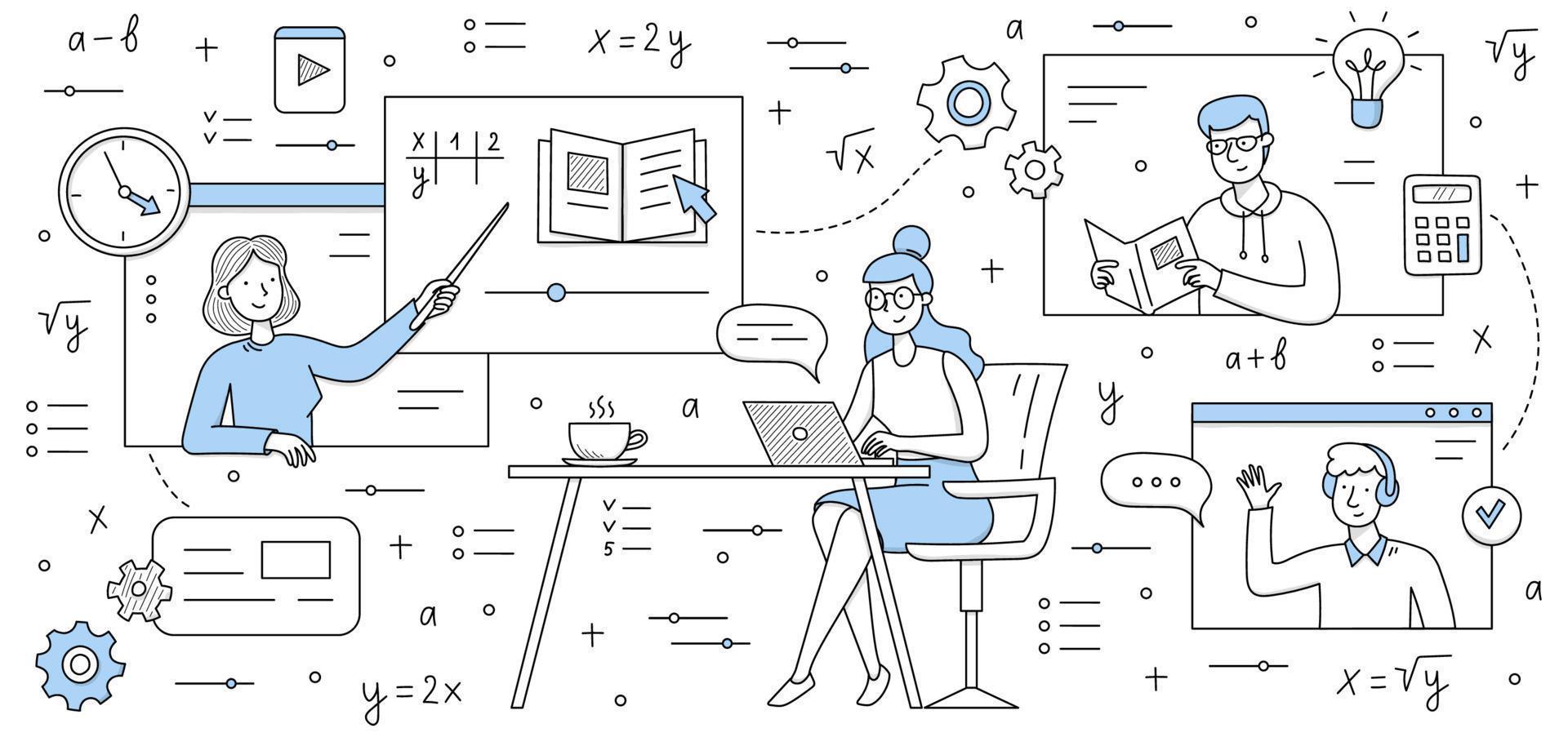 Online education, training with students and tutor vector