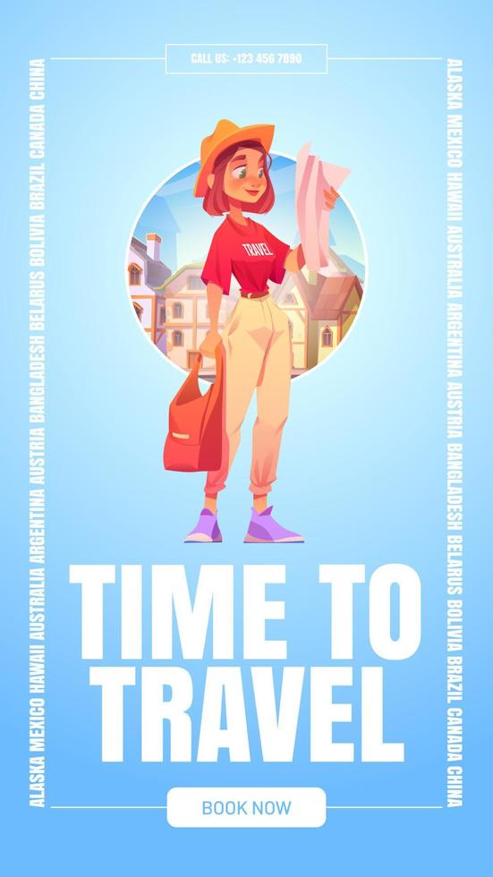 Time to travel poster with girl tourist with map vector