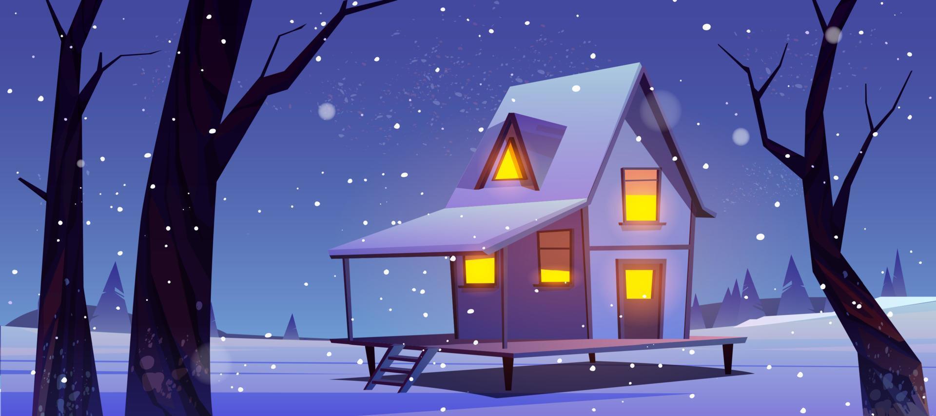 Wooden house night in winter forest, old shack vector