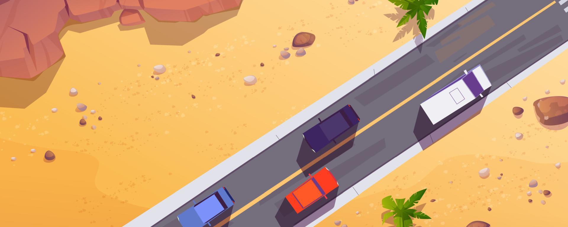 Top view to cars on road in desert or sea beach vector