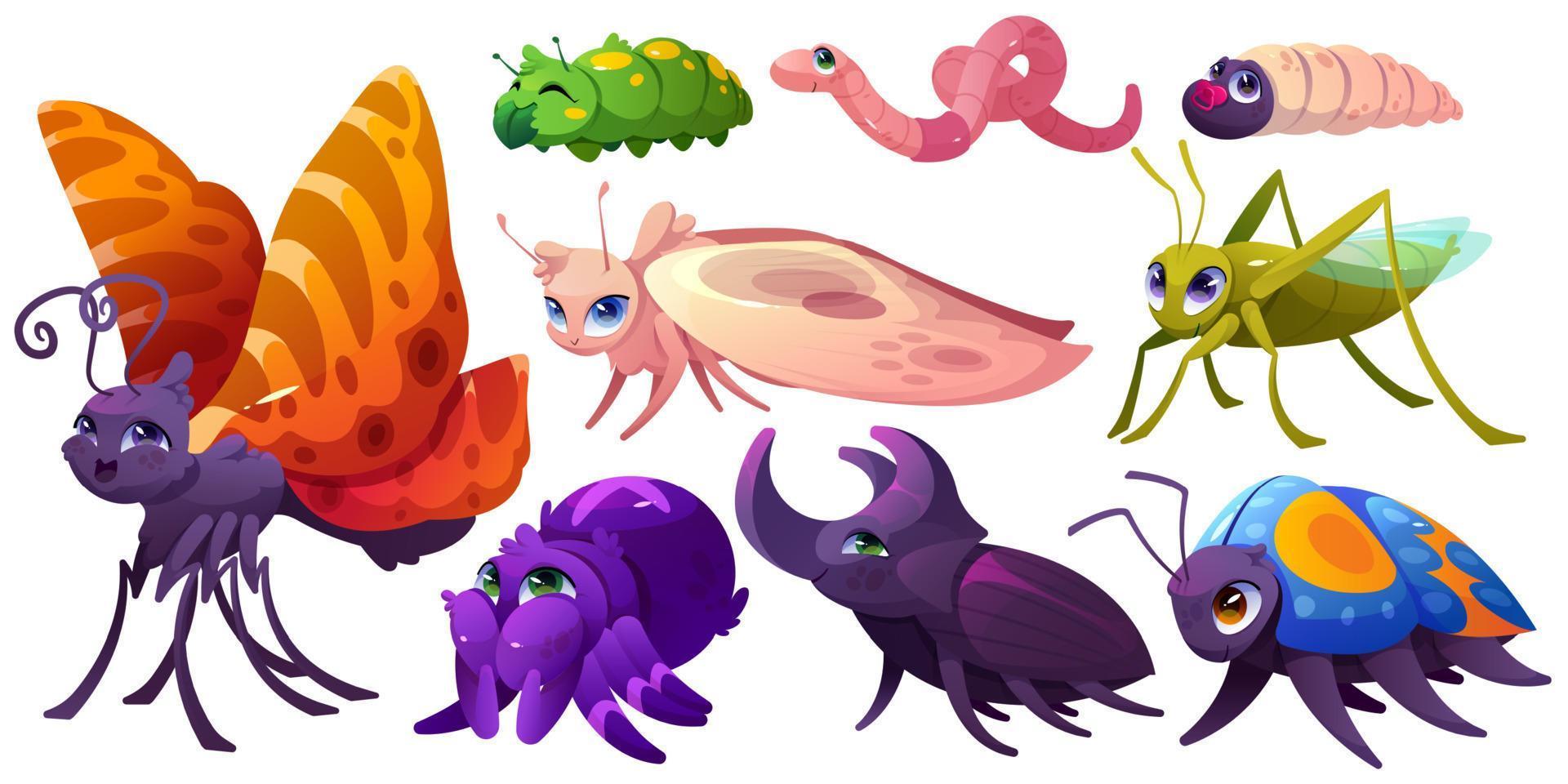 Cute insect characters, butterfly, spider, beetles vector