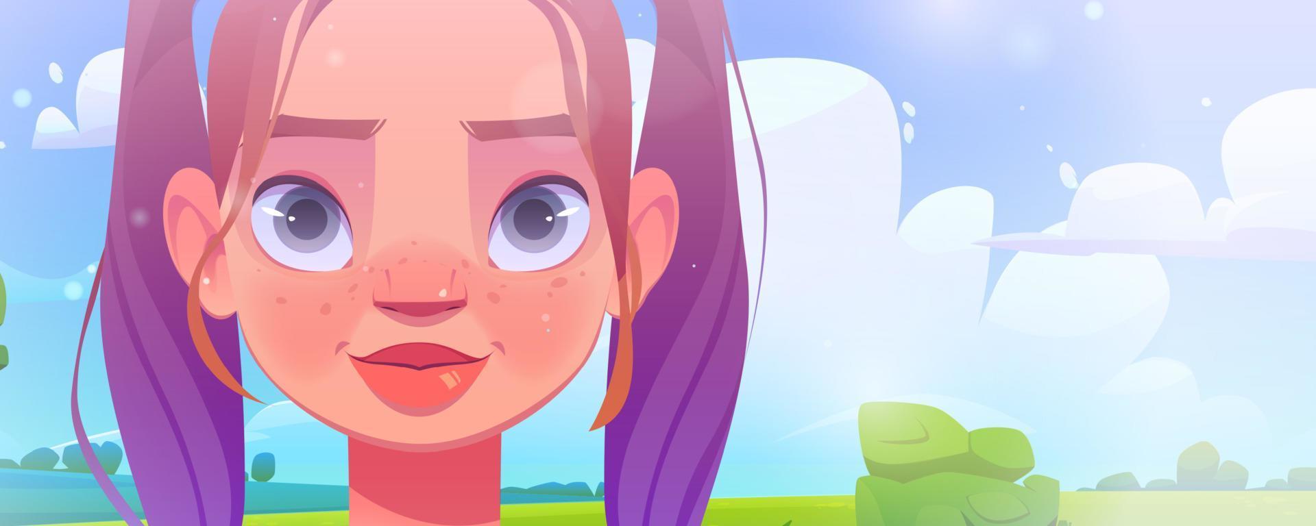 linda cara de niña con pecas y paisaje de verano vector