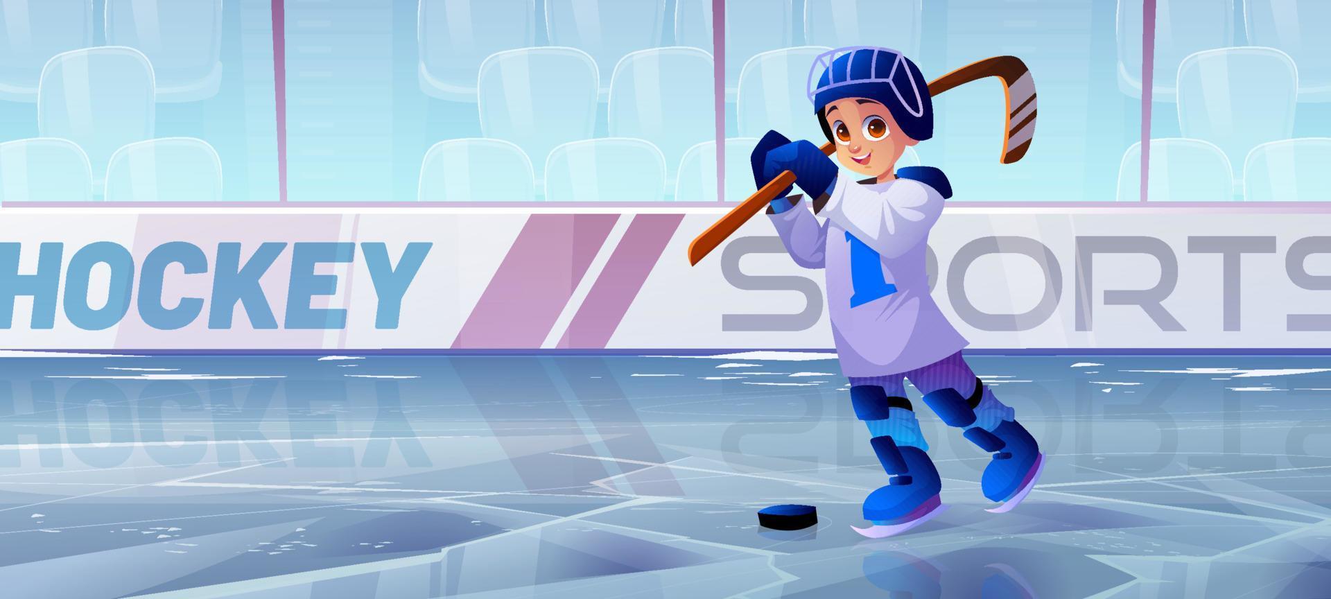 pista de hielo de hockey con jugador de niño en patines vector