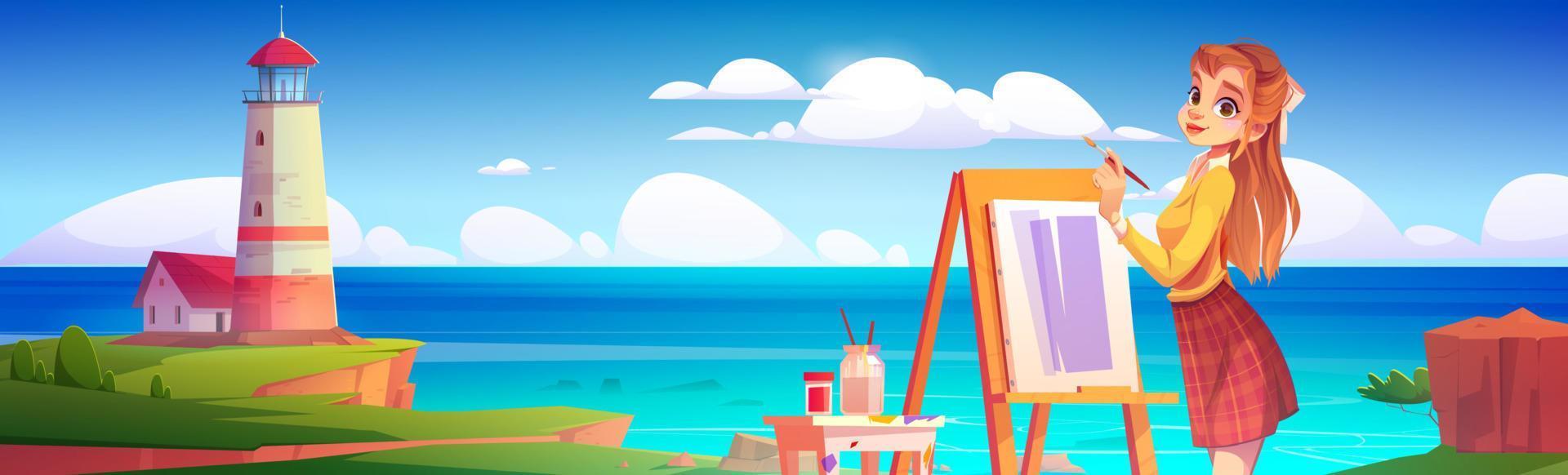 Artist girl drawing beautiful nature landscape vector
