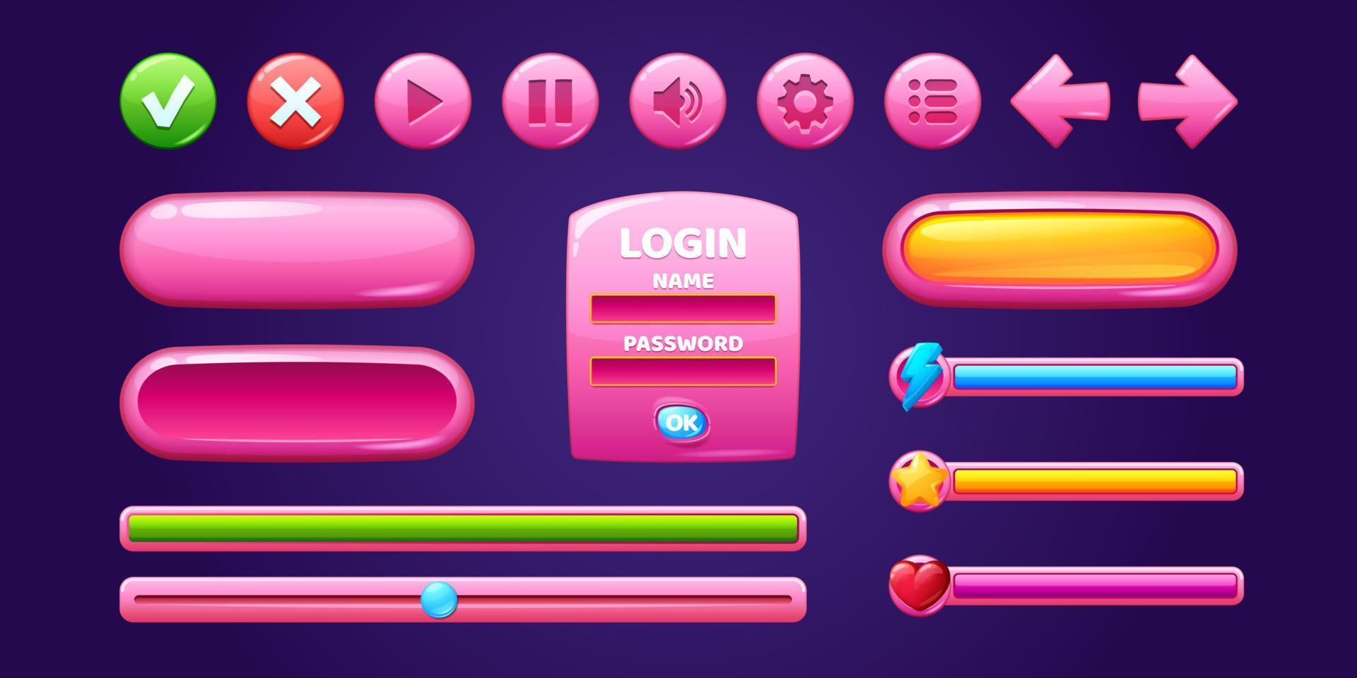botones y marcos de color rosa brillante para el diseño del juego vector