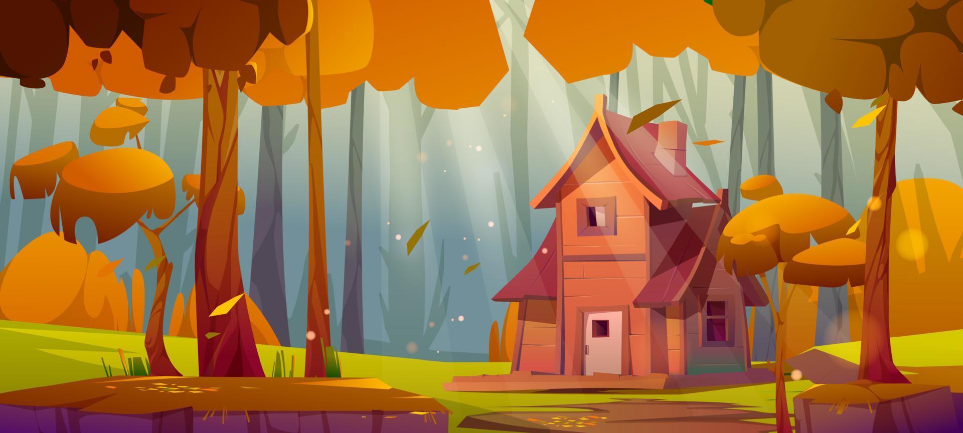 Autumn forest with wooden house on glade vector