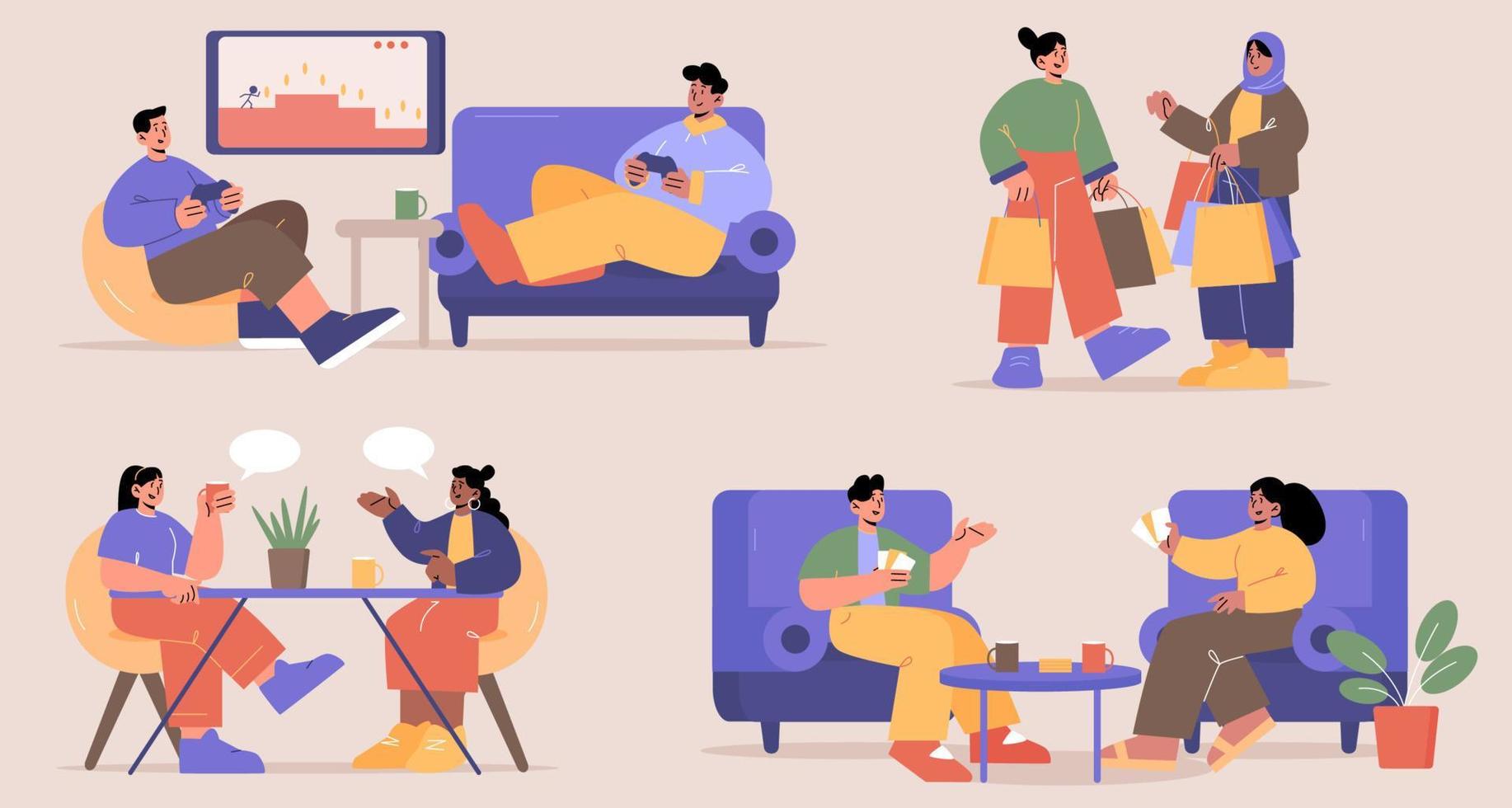 Happy people communication, friends meeting set vector