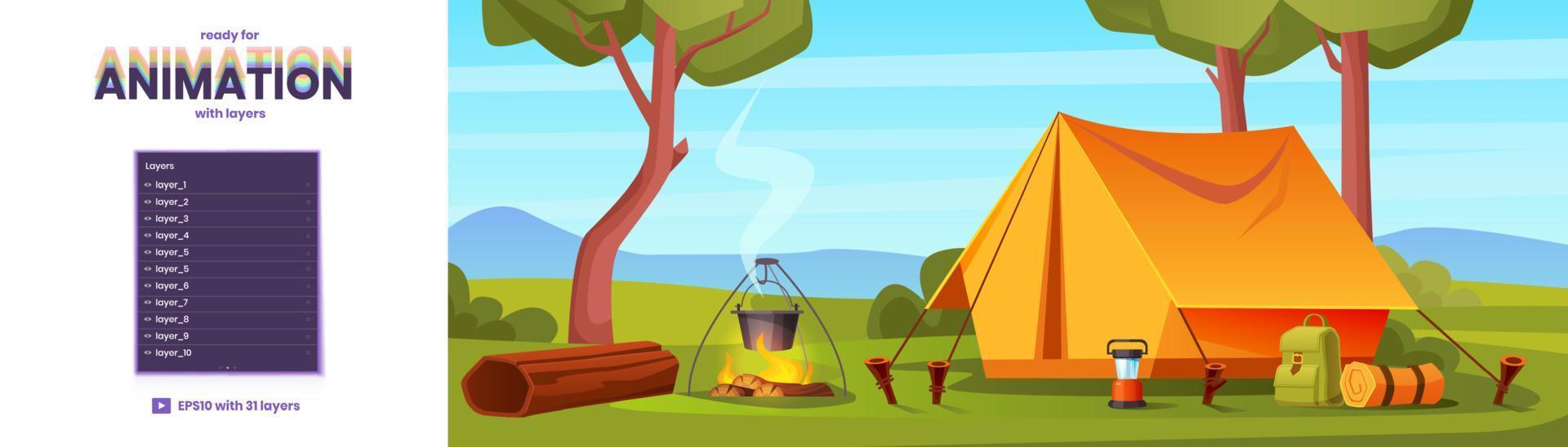 fondo de paralaje con campamento de verano con carpa vector