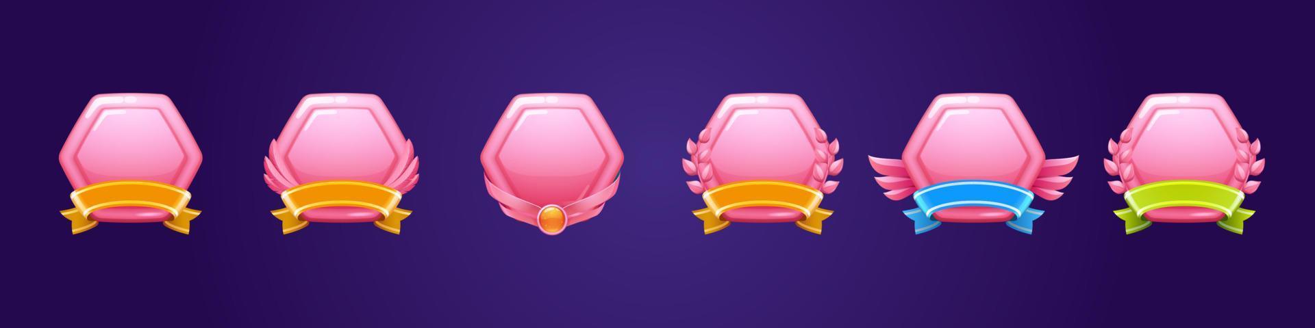 Glossy pink award badges for win in game vector
