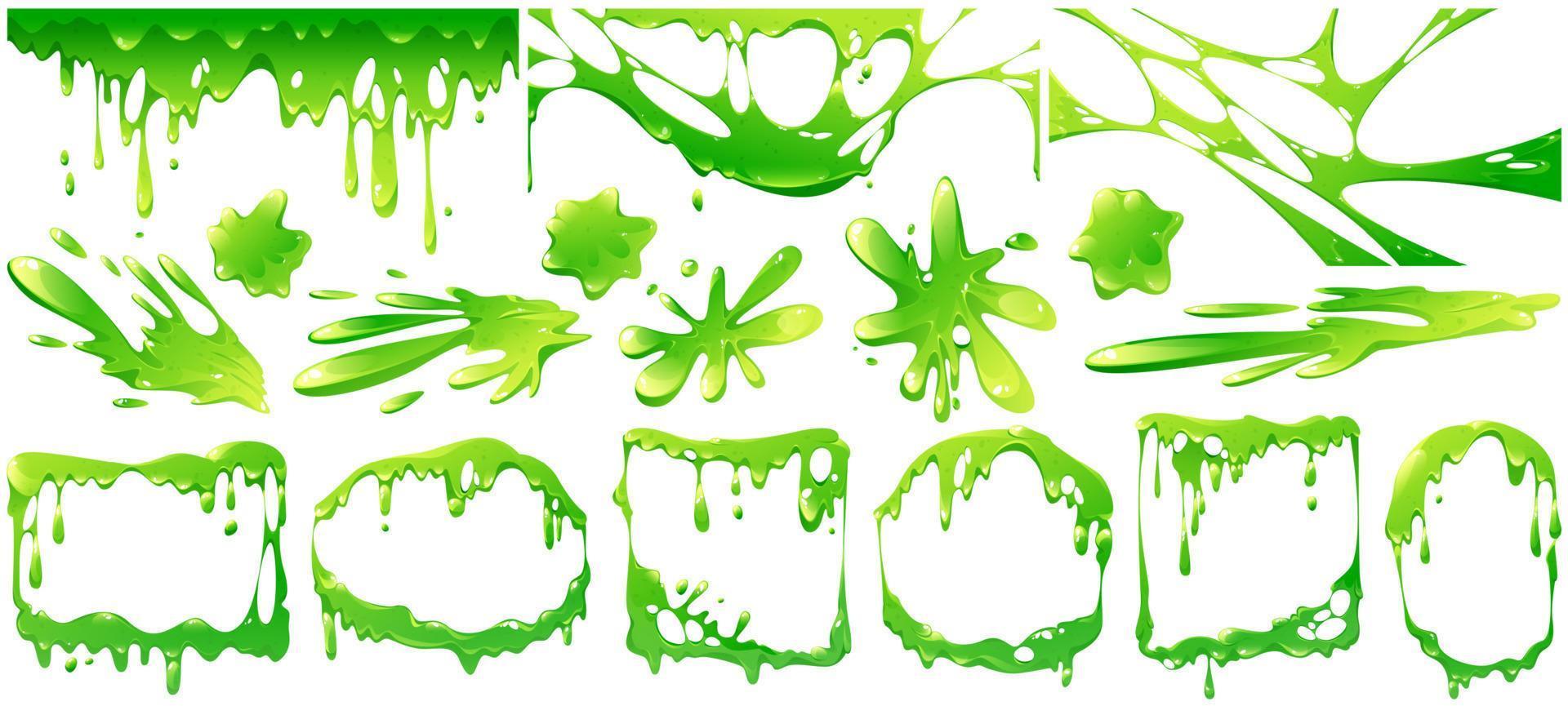 Liquid green slime splashes, border and frames vector