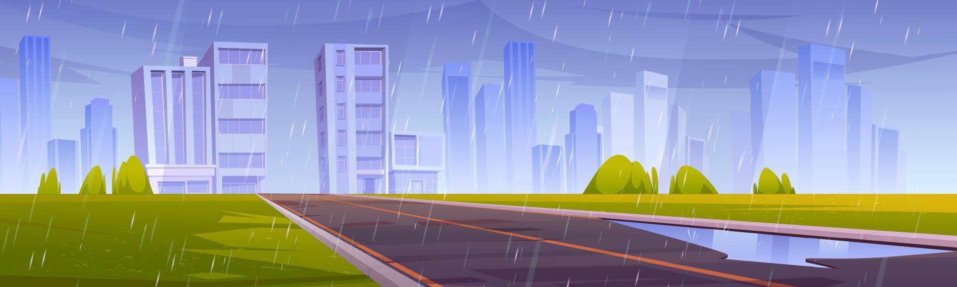 carretera, ciudad con edificios y césped verde bajo la lluvia vector