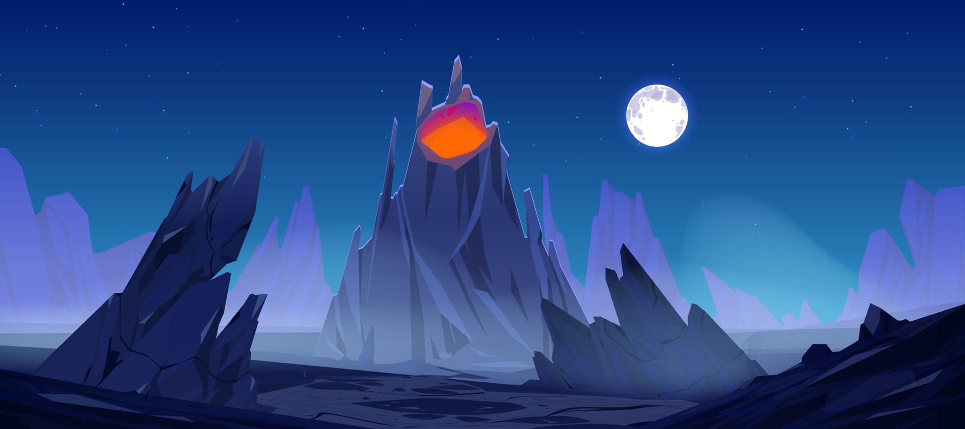 Night landscape volcano with red glowing magma vector