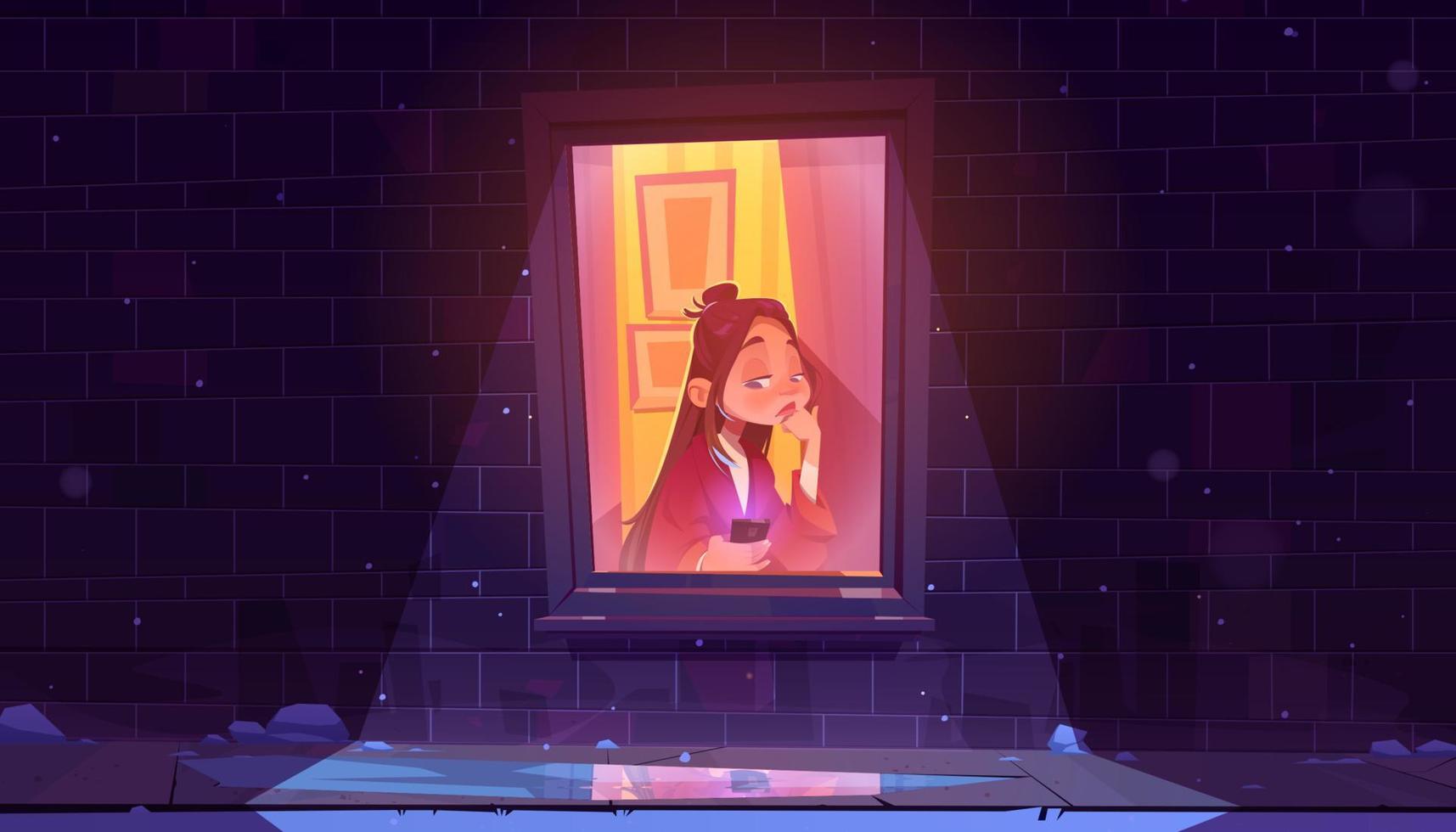 Lonely sad girl sitting alone at window with phone vector