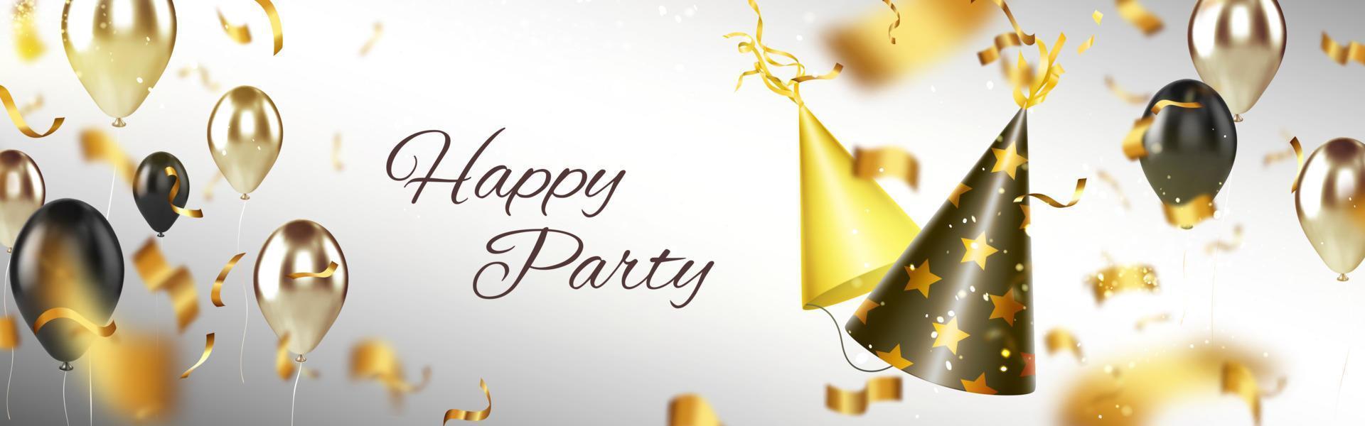 Happy party banner with birthday hats, balloons vector