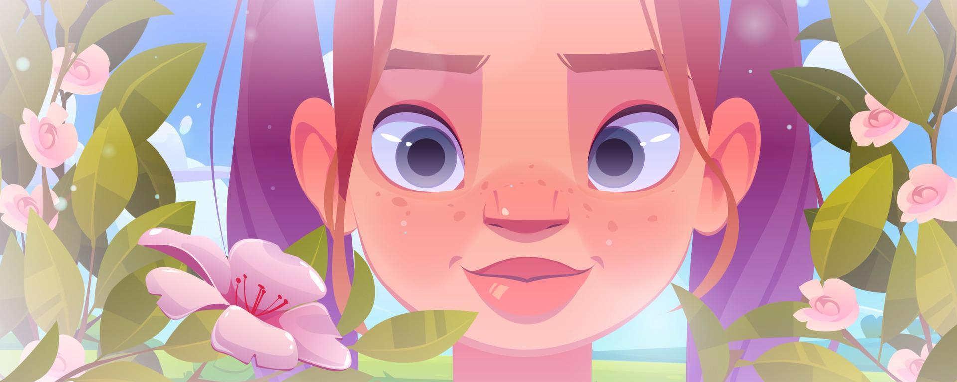 Girl face and flowers at spring or summer garden vector