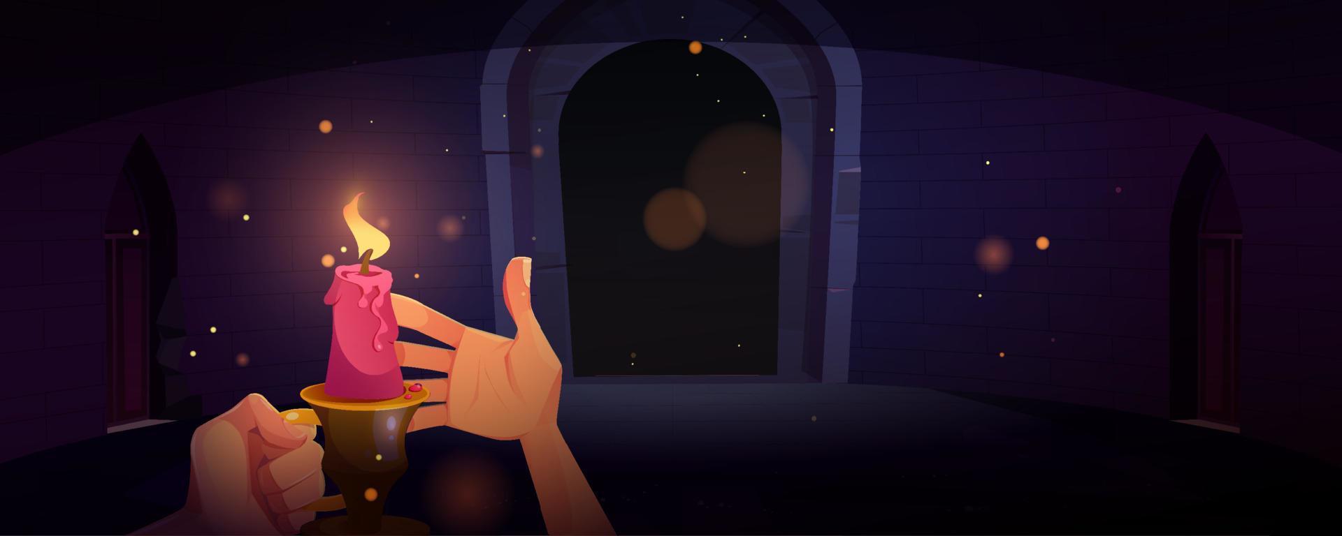 Hand holding candle in dark dungeon at night vector