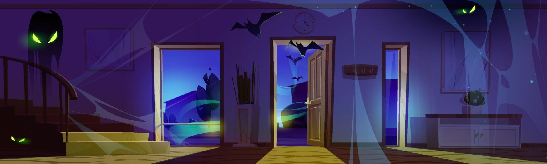 Scary house with ghosts, bats and spiderweb vector