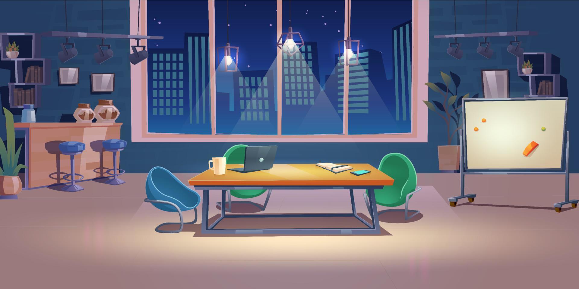 Night office, coworking space interior, workplace vector
