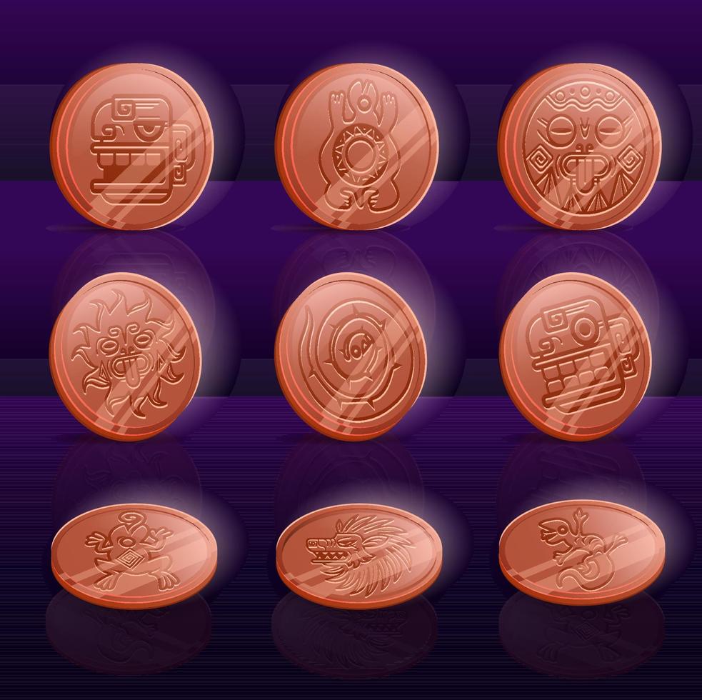 Set of Mayan or Aztec coins, copper or red gold vector