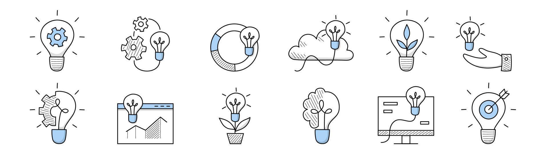 Idea icons, doodle business signs light bulbs set vector