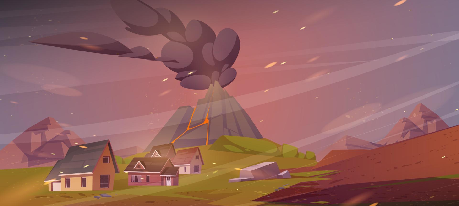 Volcano eruption scene with cottages, disaster vector