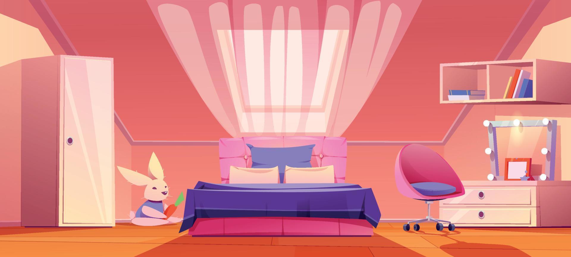 Girl bedroom on attic with bed, cupboard, dresser vector