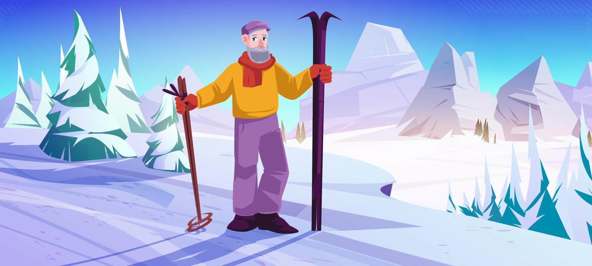 Elder man with ski and sticks stand on snow slope vector
